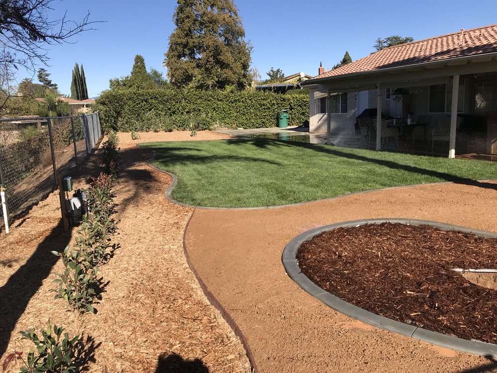 Finished backyard landscape with turf and curved paths