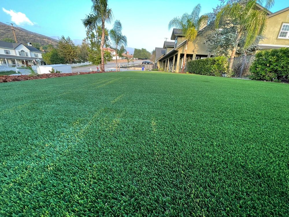 Large yard newly covered with artificial turf